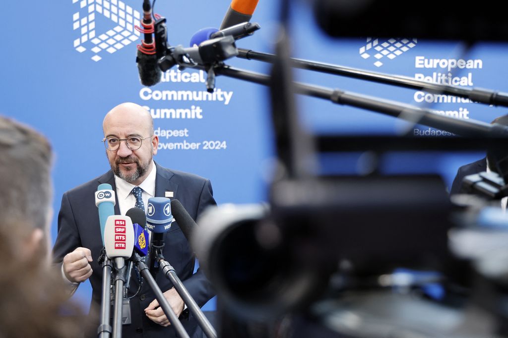 European PolEuropean Council President Charles Michel answers journalists questions upon arrival for the European Political Community Summit in Budapest, on November 7, 2024. (Photo by Ludovic MARIN / AFP)itical Community summit