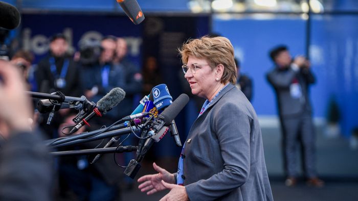 European PolitiPresident of Switzerland Viola Amherd speaks to media on her arrival for the European Political Community Summit in Budapest, on November 7, 2024. (Photo by Ferenc ISZA / AFP)cal Community summit