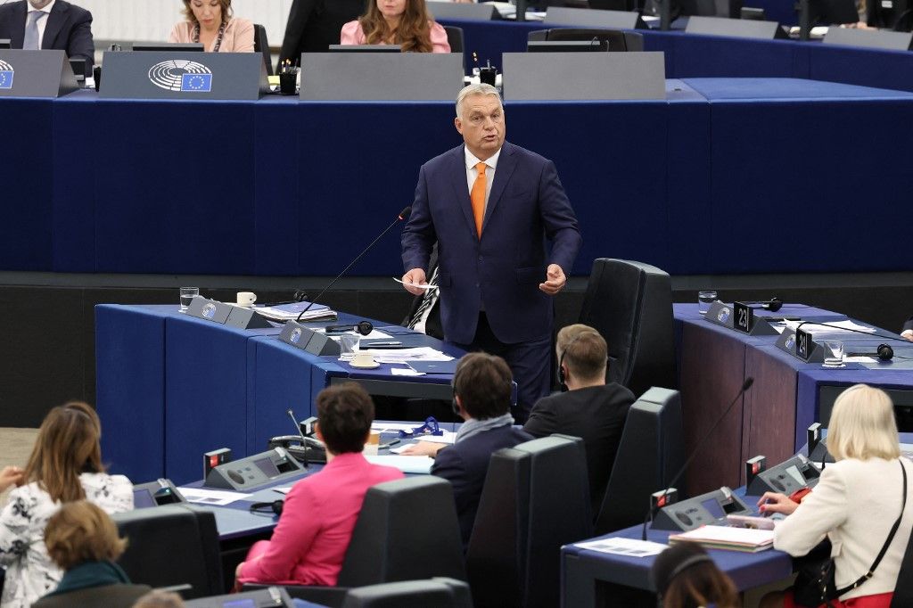 Orbán Viktor miniszterelnök beszédet mond a hat hónapos magyar tanácsi elnökség programját bemutató előadás végén, az Európai Parlament plenáris ülése keretében a kelet-franciaországi Strasbourgban 2024. október 9-én