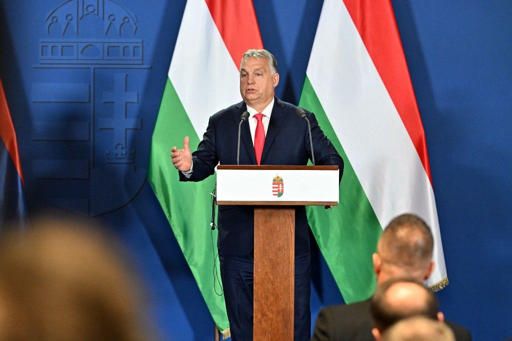 Orbán Viktor magyar miniszterelnök egy sajtótájékoztatón