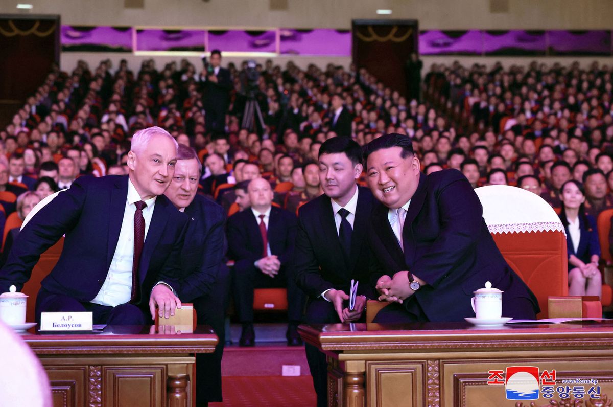 This picture taken on November 29, 2024 and released from North Korea's official Korean Central News Agency (KCNA) on November 30, 2024 shows North Korean leader Kim Jong Un (R) watching a performance with Russia's Minister of Defence Andrei Belousov (L) at April 25 House of Culture in Pyongyang. (Photo by KCNA VIA KNS / AFP) / South Korea OUT / ---EDITORS NOTE--- RESTRICTED TO EDITORIAL USE - MANDATORY CREDIT "AFP PHOTO/KCNA VIA KNS" - NO MARKETING NO ADVERTISING CAMPAIGNS - DISTRIBUTED AS A SERVICE TO CLIENTS / THIS PICTURE WAS MADE AVAILABLE BY A THIRD PARTY. AFP CAN NOT INDEPENDENTLY VERIFY THE AUTHENTICITY, LOCATION, DATE AND CONTENT OF THIS IMAGE --- / 