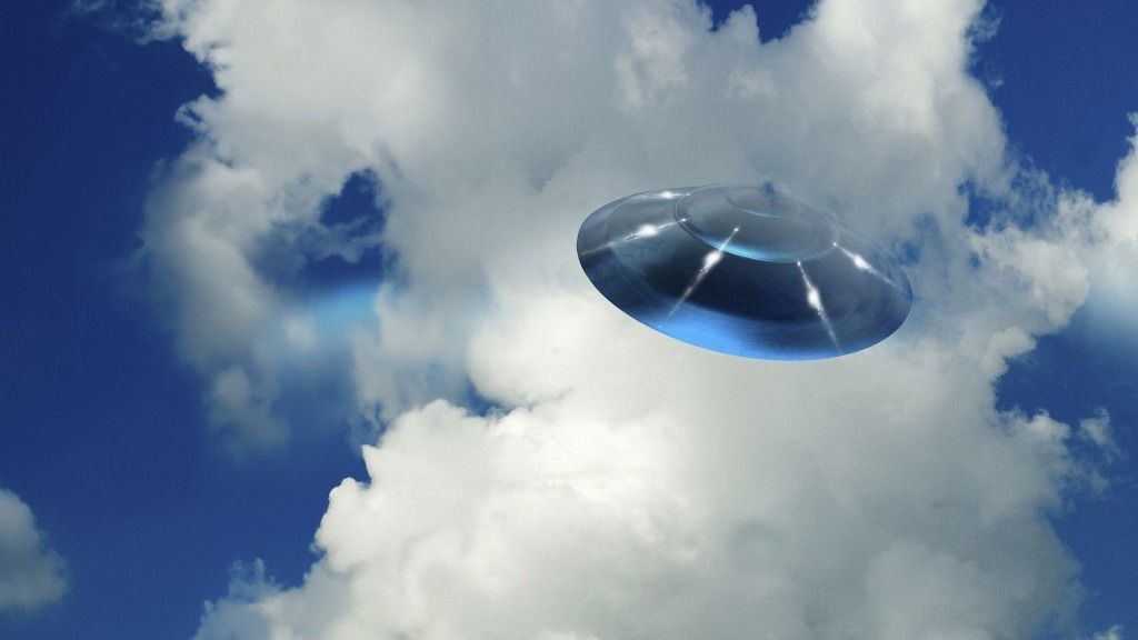 UFO in flight through clouds, illustration