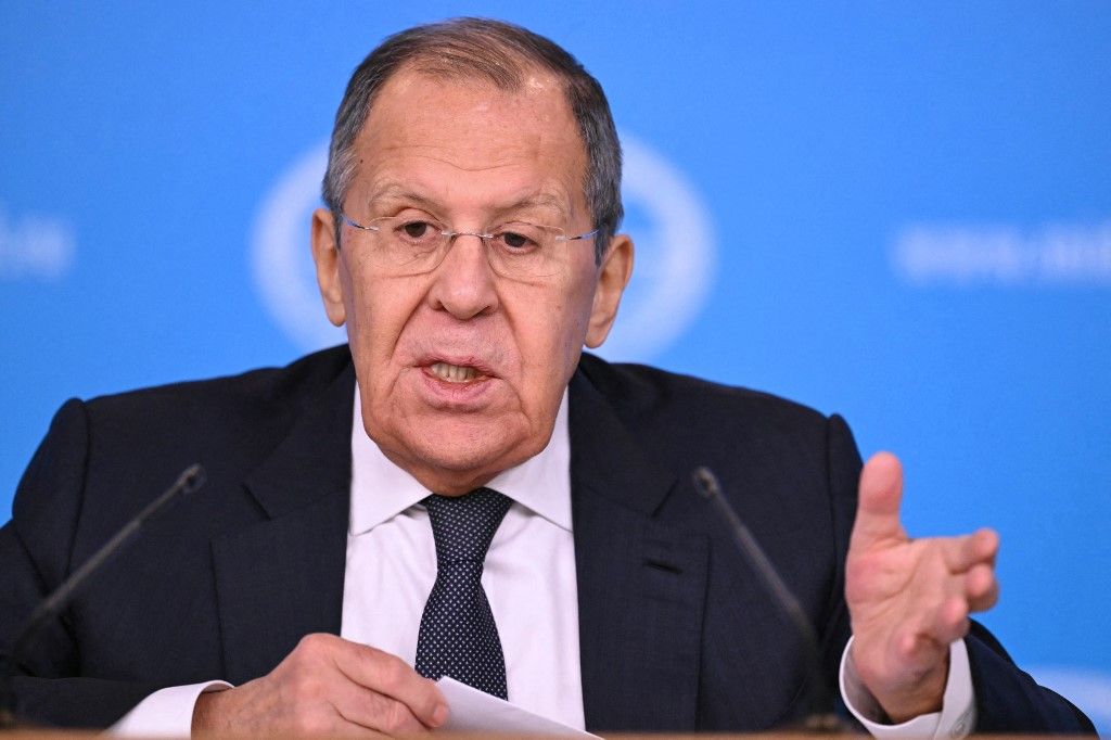 Szergej Lavrov orosz külügyminiszter 2025. január 14-én tartja éves év végi sajtótájékoztatóját az orosz külügyminisztérium moszkvai székházában