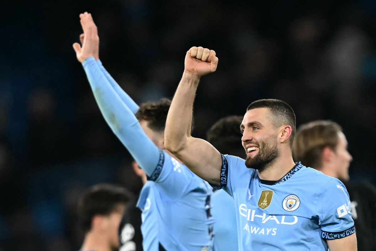 AFP or licensors/Manchester City's Croatian midfielder #08 Mateo Kovacic reacts at the fianl whistle during the UEFA Champions League football match between Manchester City and Club Brugge at the Etihad Stadium in Manchester, north west England, on January 29, 2025. Manchester City won the match 3-1. (Photo by Paul ELLIS / AFP)