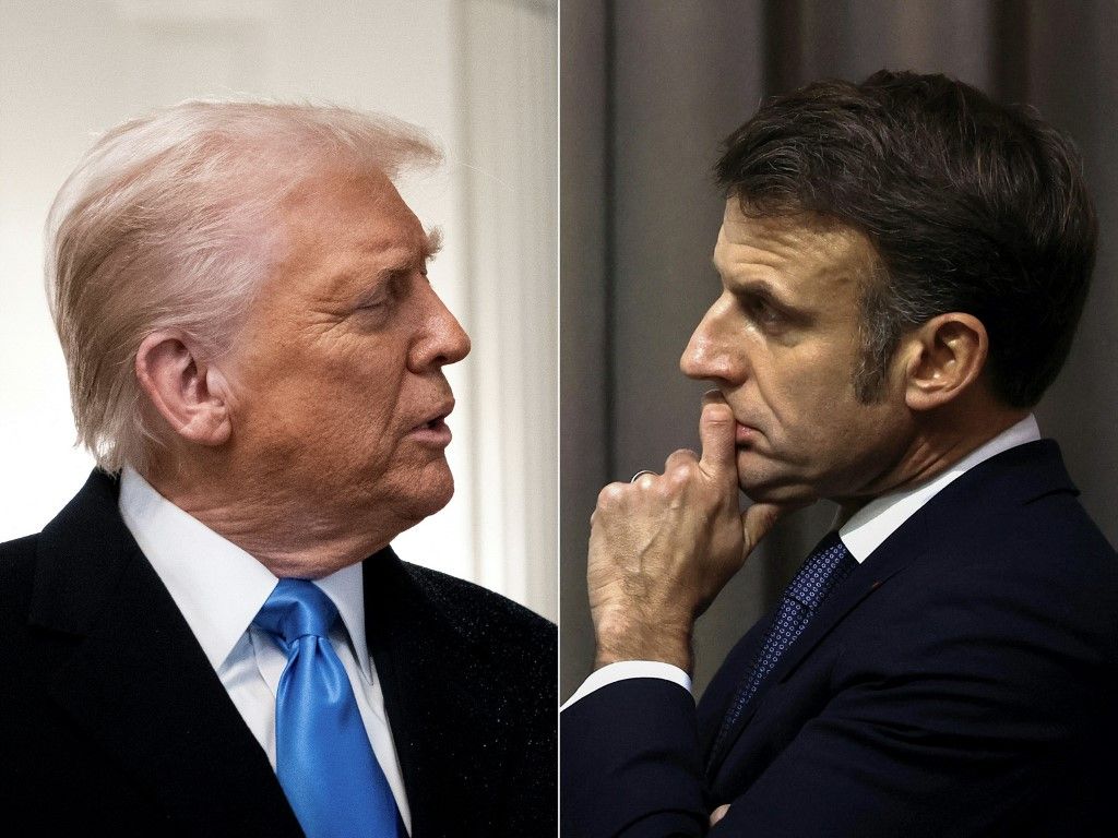 Donald Trump amerikai elnök (B) és Emmanuel Macron francia elnök (Fotó: AFP)