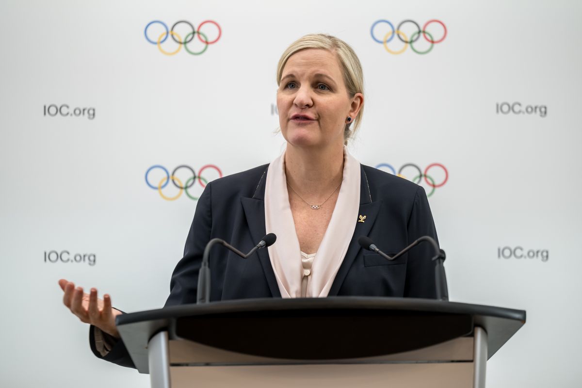 LAUSANNE, SWITZERLAND - JANUARY 30: Candidate to the presidency of the International Olympic Committee (IOC) Kirsty Coventry speaks during a press conference following a presentation before their fellow IOC members, on January 30, 2025 in Lausanne, Switzerland. Seven candidates compete in the election for the IOC presidency at the 143rd IOC Session held from 18 to 21 March 2025 in Greece. (Photo by Fabrice Coffrini - Pool/Getty Images)