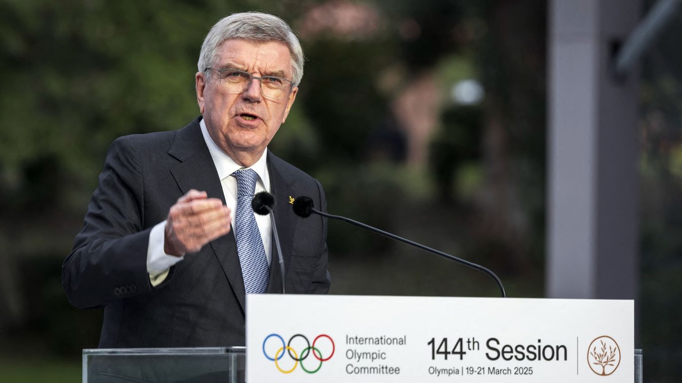 Outgoing International Olympic Committee (IOC) President Thomas Bach delivers a speach during the Opening ceremony of the 144th IOC Session at the Ancient Olympia archeological site, birthplace of the ancient Olympics in southern Greece, on March 18, 2025