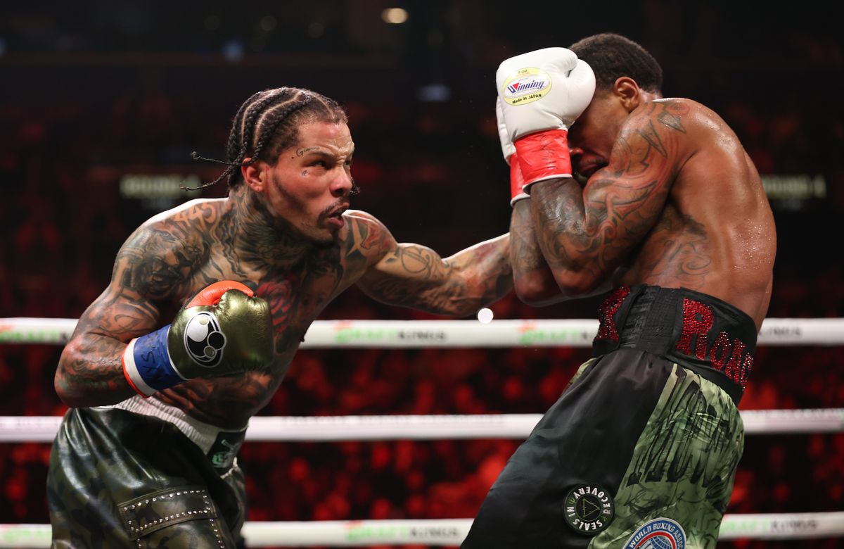 NEW YORK, NEW YORK - MARCH 01:  Gervonta Davis punches Lamont Roach Jr. during their bout for Davis' WBA lightweight title at Barclays Center on March 01, 2025 in New York City. (Photo by Al Bello/Getty Images)