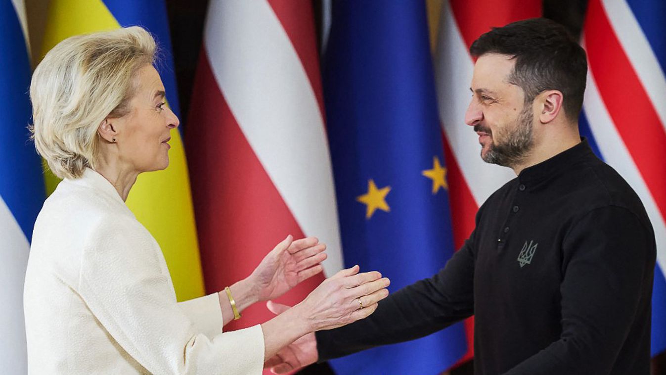 In this handout photograph taken and released by the Ukrainian Presidential Press Service on February 24, 2025, Ukraine's President Volodymyr Zelensky (R) greets European Commission President Ursula von der Leyen (L) prior to a meeting with European leade