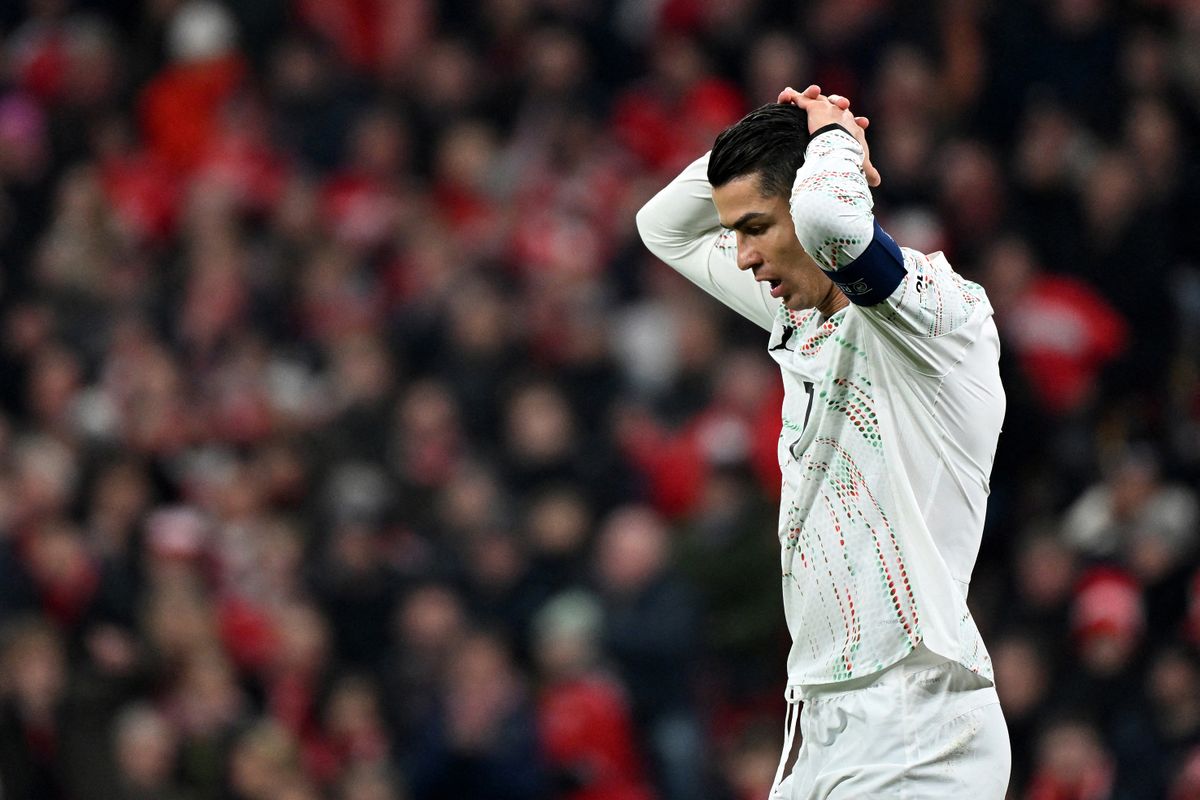 Portugal's forward #07 Cristiano Ronaldo reacts during the UEFA Nations League quarter-final, first-leg football match Denmark v Portugal at the Parken Stadium in Copenhagen on March 20, 2025. (Photo by Jonathan NACKSTRAND / AFP)