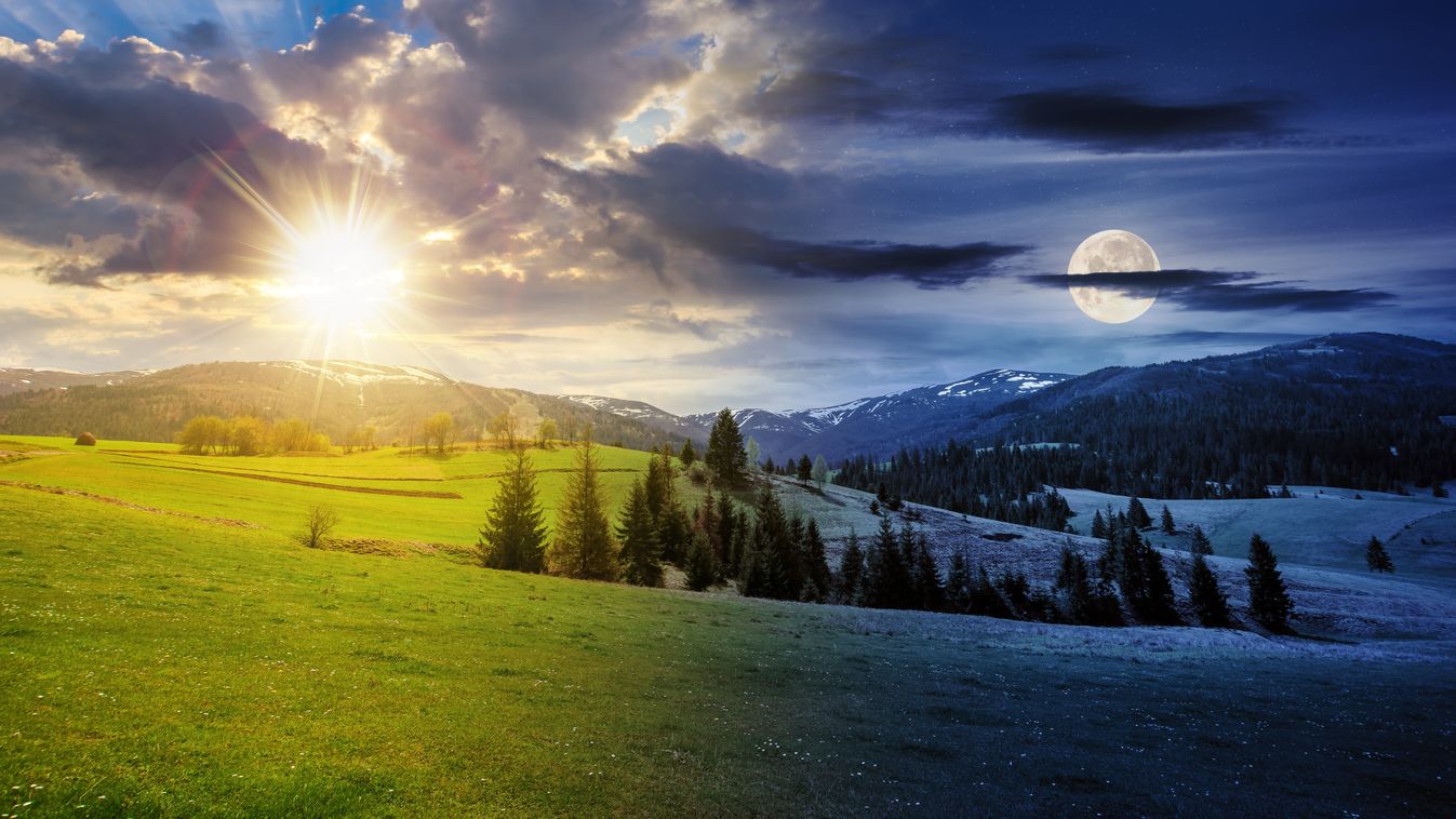 summer landscape with meadow and spruce forest on hills in mountainous area with sun and moon on sky. day and night time change concept at spring equinox. mysterious countryside scenery in the morning