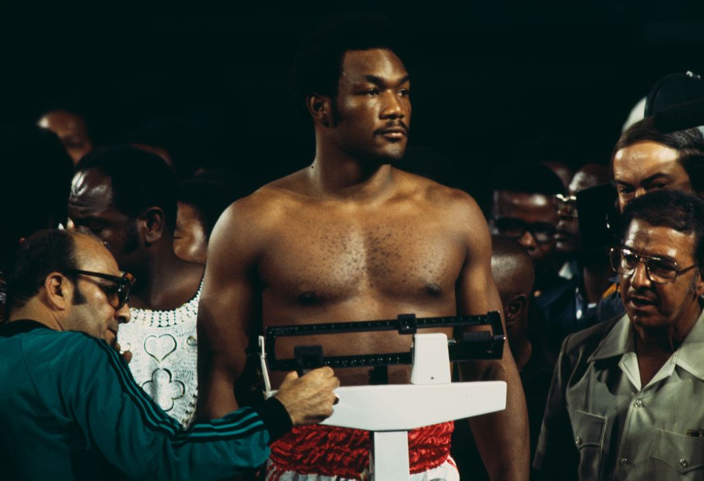 Heavyweight champion George Foreman pictured during weigh-in ahead of his fight against challenger Muhammad Ali in Kinshasa, Zaire, on October 26th, 1974. (Photo by UPI/Bettmann Archive/Getty Images)