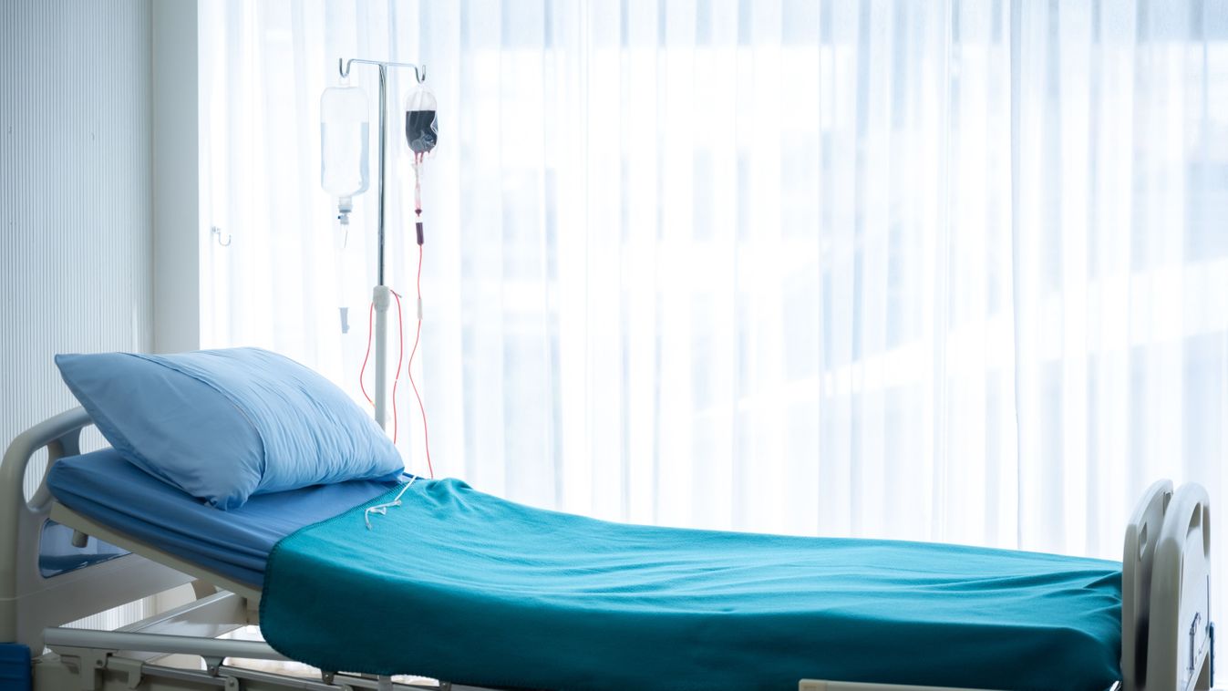 Empty hospital bed and room, concept of healing life insurance, patient recovery or death, health care and medical equipment, hospital furniture and unit. No people banner, backgrounds with copy space,kórház