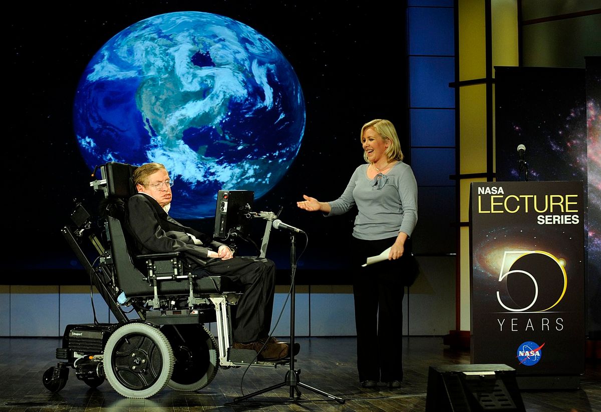 Dr. Stephen Hawking, a professor of mathematics at the University of Cambridge, delivers a speech entitled "Why we should go into space" during a lecture that is part of a series honoring NASA's 50th Anniversary, Monday, April 21, 2008, at George Washington University's Morton Auditorium in Washington. Photo Credit: (NASA/Paul. E. Alers)