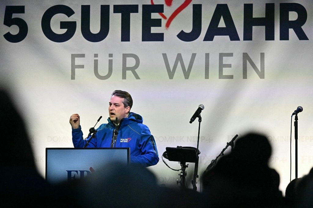 Dominik Nepp, candidate of the far-right Freedom party (FPOe), addresses a rally on March 28, 2025 in Vienna, Austria ahead of local elections set to take place on April 27, 2025. (Photo by Joe Klamar / AFP)