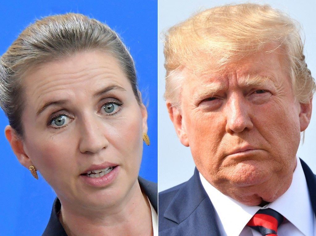 (COMBO) This combination of pictures created on August 20, 2019 shows
Denmark's Prime Minister Mette Frederiksen (L) at a joint press conference on July 11, 2019 at the Chancellery in Berlin and US President Donald Trump before boarding Air Force One in Morristown, New Jersey, on August 18, 2019.. President Donald Trump announced Tuesday that he is postponing an upcoming meeting with Denmark's prime minster due to her lack of interest in selling Greenland to the United States. (Photo by Tobias SCHWARZ and Nicholas Kamm / AFP)