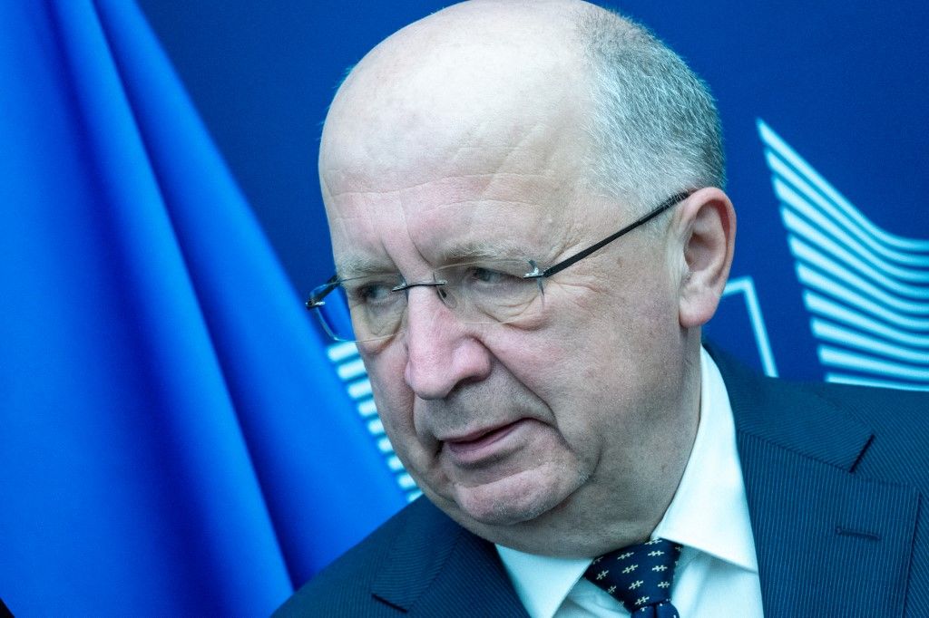 European Commissioner for Defence and Space Andrius Kubilius during the signing ceremony in the margin of the EU-Ukraine Association Council in the Berlaymont the headquarters of the European Commission an institution of the European Union in Brussels in Belgium on 9th of April 2025. (Photo by Martin Bertrand / Hans Lucas / Hans Lucas via AFP)