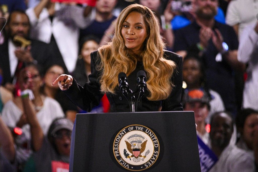 US singer-songwriter Beyonce speaks during a campaign rally for US Vice President and Democratic presidential candidate Kamala Harris at Shell Energy Stadium in Houston, Texas, on October 25, 2024. (Photo by Miguel J. Rodriguez CARRILLO / AFP)