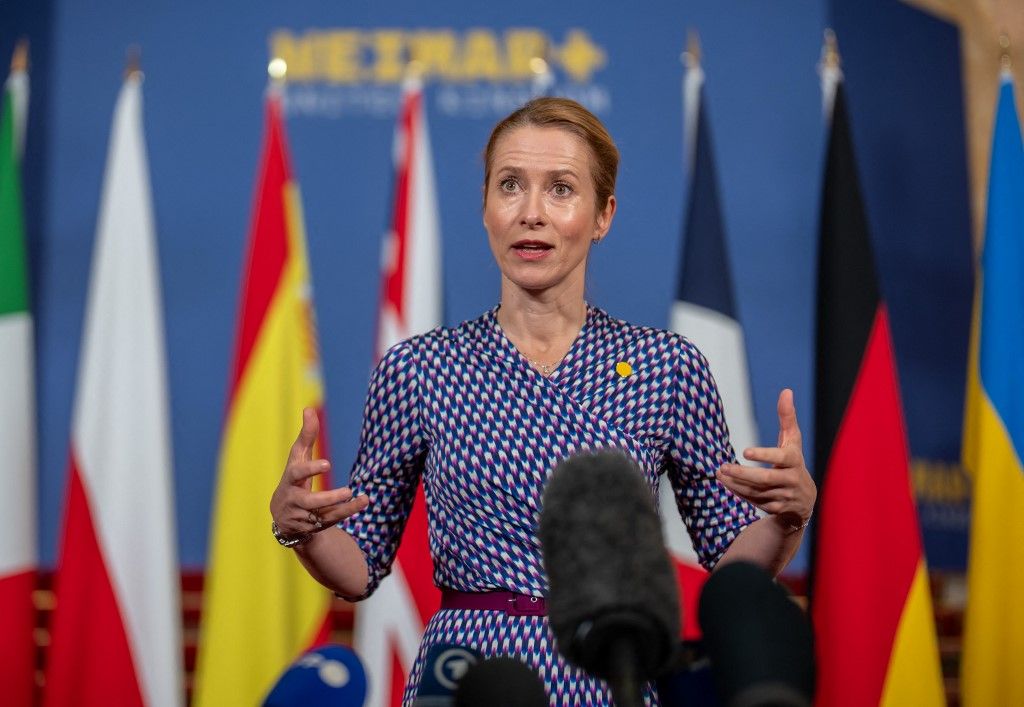 12 May 2025, Great Britain, London: Kaja Kallas, European Union High Representative for Foreign Affairs and former Prime Minister of the Republic of Estonia, addresses a meeting at the Weimar+ Group conference on the war in Ukraine. The British Foreign Secretary will consult with the new German Foreign Minister as well as representatives from France, Italy, Spain, Poland, Ukraine and the EU. Photo: Michael Kappeler/dpa (Photo by MICHAEL KAPPELER / DPA / dpa Picture-Alliance via AFP)