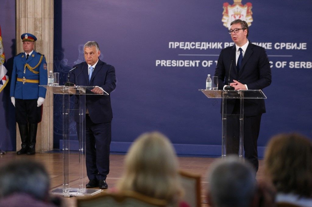 Orbán Viktor magyar miniszterlnök és Alekszandar Vucsics(J) szerb elnök (Fotó: AFP)