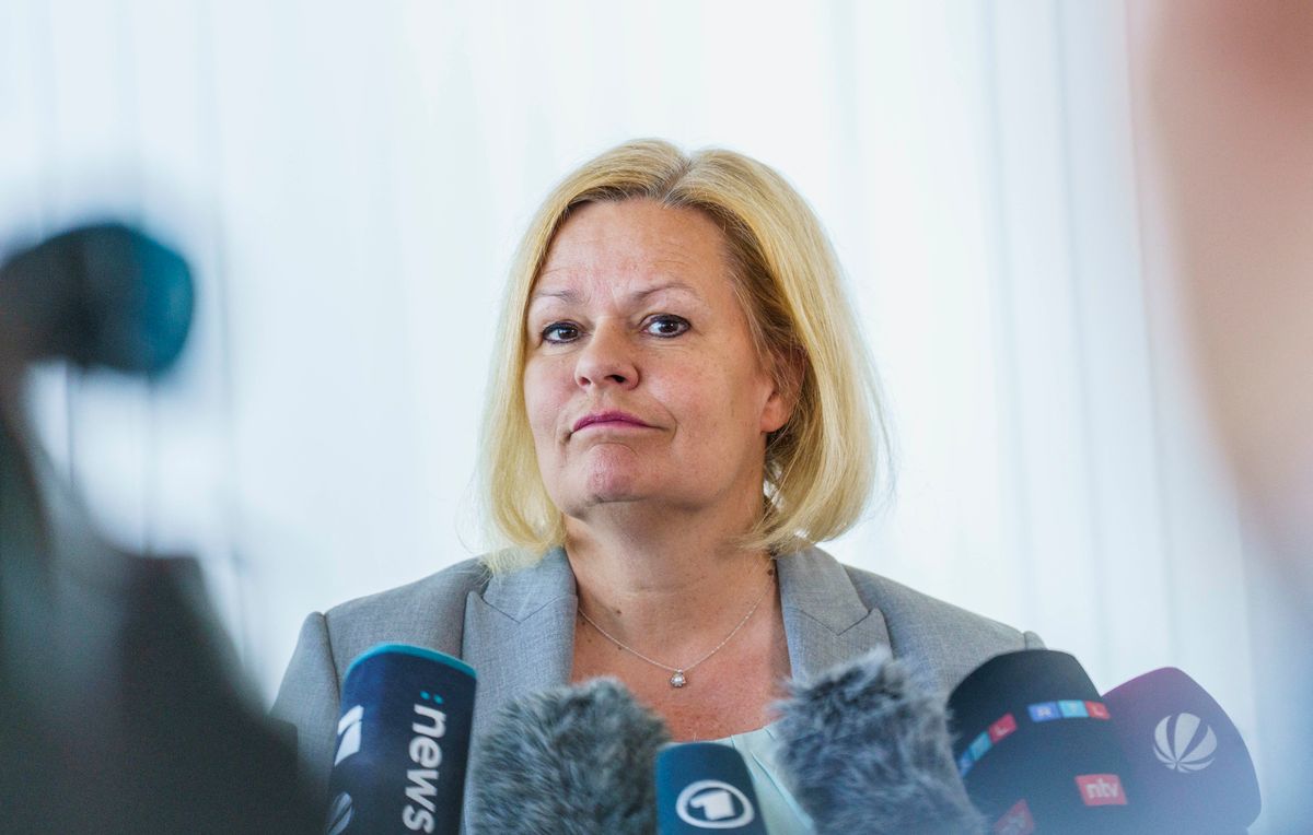 02 May 2025, Hesse, Wiesbaden: Nancy Faeser (SPD), acting Federal Minister of the Interior, comments on the AfD at the Federal Criminal Police Office (BKA). The Federal Office for the Protection of the Constitution classifies the AfD as a confirmed right-wing extremist party. Photo: Andreas Arnold/dpa (Photo by Andreas Arnold / DPA / dpa Picture-Alliance via AFP)