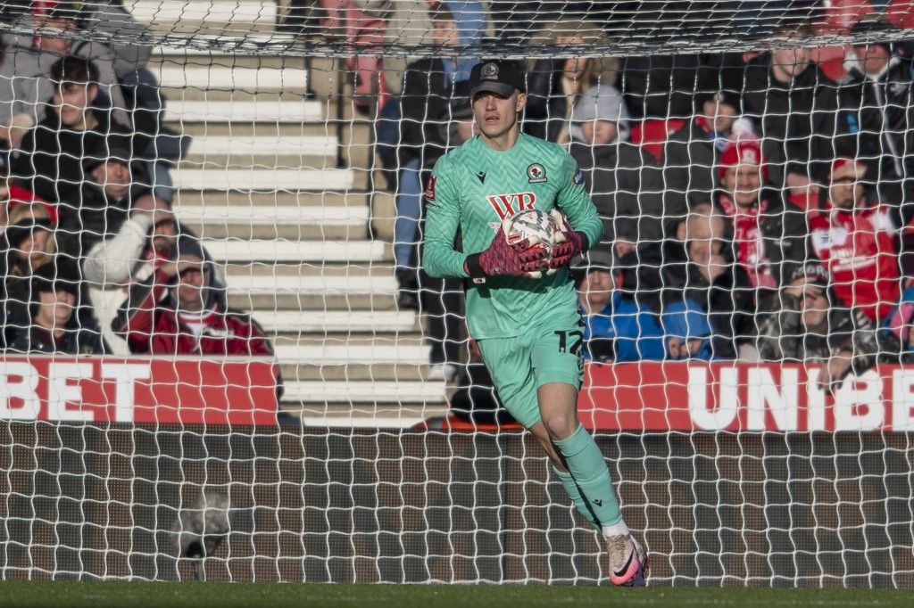Blackburn Rovers goalkeeper Balazs Toth participates in the Emirates FA Cup Third Round match between Middlesbrough and Blackburn Rovers at the Riverside Stadium in Middlesbrough, England, on January 11, 2025. (Photo by MI News/NurPhoto) (Photo by MI News / NurPhoto / NurPhoto via AFP)