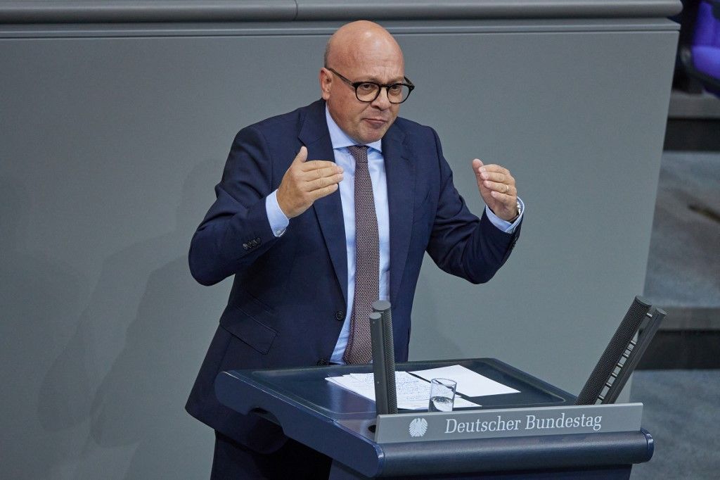 18 October 2024, Berlin: Alexander Throm (CDU/CSU) speaks at the 195th session of the German Bundestag. The MPs are discussing several bills on internal security. Two bills are before the plenary: one "to improve internal security and the asylum system" and the other "to improve the fight against terrorism". Photo: Joerg Carstensen/dpa (Photo by Jörg Carstensen / DPA / dpa Picture-Alliance via AFP)