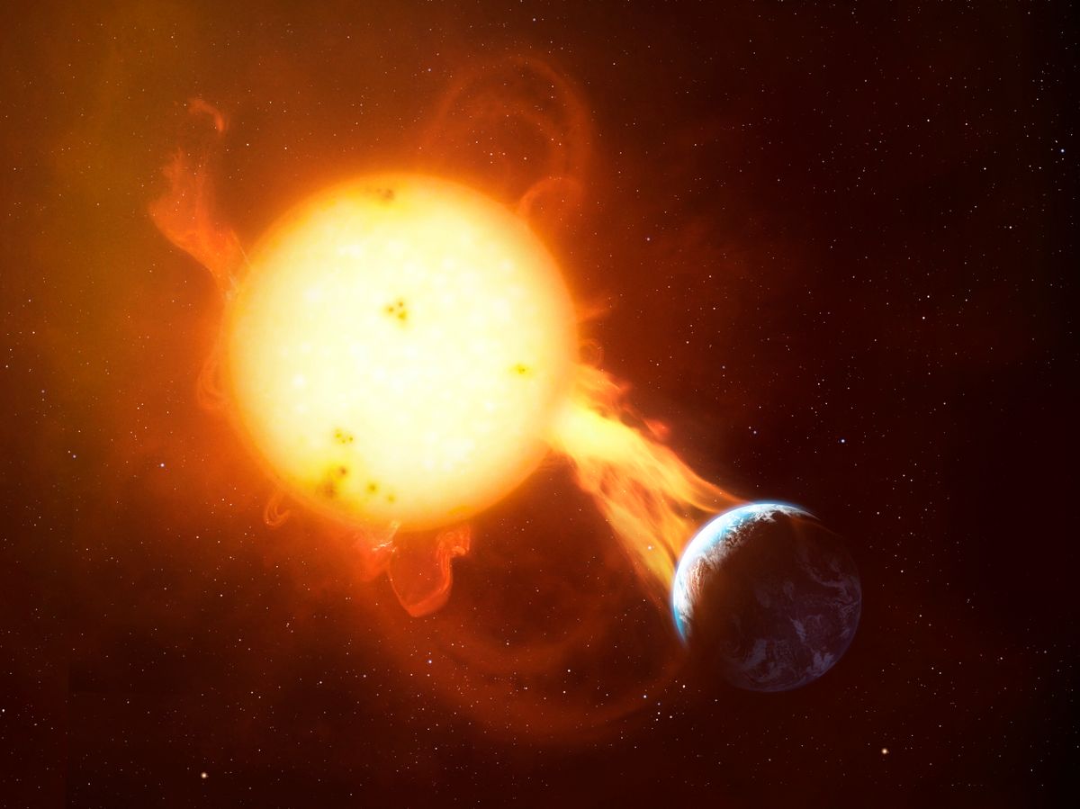 Illustration of a coronal mass ejection impacting the Earth's atmosphere. These events, CMEs for short, are powerful releases of solar charged particles (plasma) and magnetic field, travelling on the solar wind. When a CME hits Earth, it can cause a geomagnetic storm which disrupts the planet's magnetosphere, our radio transmissions and electrical power lines. They can damage artificial satellites and cause long-lasting power outages. Humans in orbit are also very vulnerable to these events, whose high-energy particles are not shield by typical spacecraft. (Photo by MARK GARLICK/SCIENCE PHOTO LIBRA / SPB / Science Photo Library via AFP)