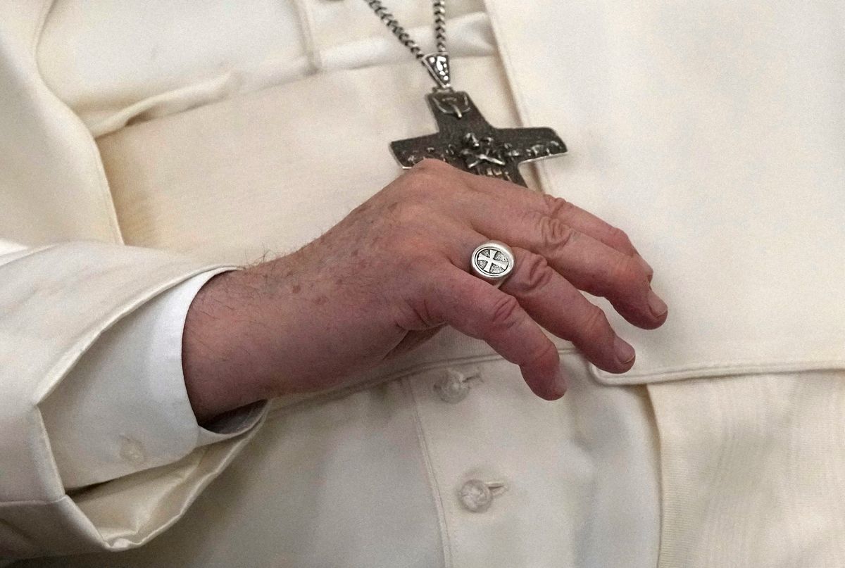 Pope Francis sits during his welcome ceremony at the Presidential Palace in the capital Nicosia on December 2, 2021. (Photo by Petros Karadjias / POOL / AFP)