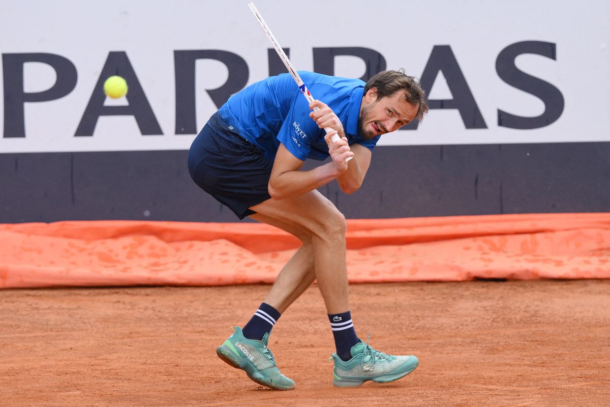 ROME, ITALY - MAY 13: Daniil Medvedev of Russia in action against Lorenzo Musetti (not seen) of Italy during the men's single match at the 82nd edition Internazionali BNL d'Italia at the Foro Italico in Rome, Italy on May 13, 2025. Claudio Pasquazi / Anadolu (Photo by Claudio Pasquazi / ANADOLU / Anadolu via AFP)