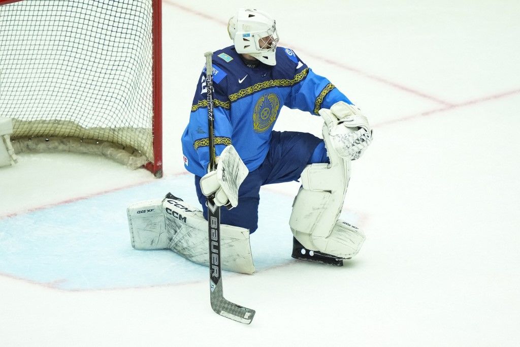 jégkorong, kapus, világbajnokság, vb, Kazahsztán,Maxim Pavlenko, Kazakhstan during the group B match between Czech Republic and Kazakhstan at the IIHF Ice Hockey World Championships in Herning, Denmark, Saturday, May 17, 2025. (Foto: Claus Fisker/Ritzau Scanpix) (Photo by CLAUS FISKER / Ritzau Scanpix / Ritzau Scanpix via AFP)