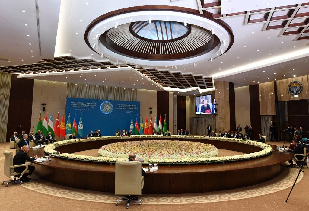 Secretary General of the Organization of Turkic States Kubanychbek Omuraliev, Azerbaijan's President Ilham Aliyev, Kazakhstan's President Kassym-Jomart Tokayev, Turkey's President Recep Tayyip Erdogan, Kyrgyzstan's President Sadyr Japarov, Uzbekistan's President Shavkat Mirziyoyev and Hungary's Prime Minister Viktor Orban attend the 11th summit of the of heads of state of the Organization of Turkic States (OTS) at the Yntymak Ordo state residence in Bishkek on November 6, 2024. (Photo by VYACHESLAV OSELEDKO / AFP)