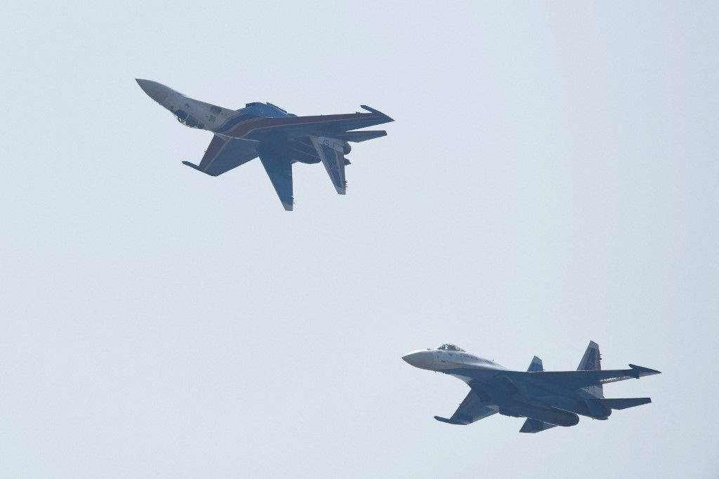 In Zhuhai, China, on November 12, 2024, the Russian Warrior Flight Show Team pilots the Su-35 heavy fighter jet for a flight demonstration at the Zhuhai Air Show during the 15th China International Aviation and Aerospace Exhibition. (Photo by Costfoto/NurPhoto) (Photo by CFOTO / NurPhoto / NurPhoto via AFP)