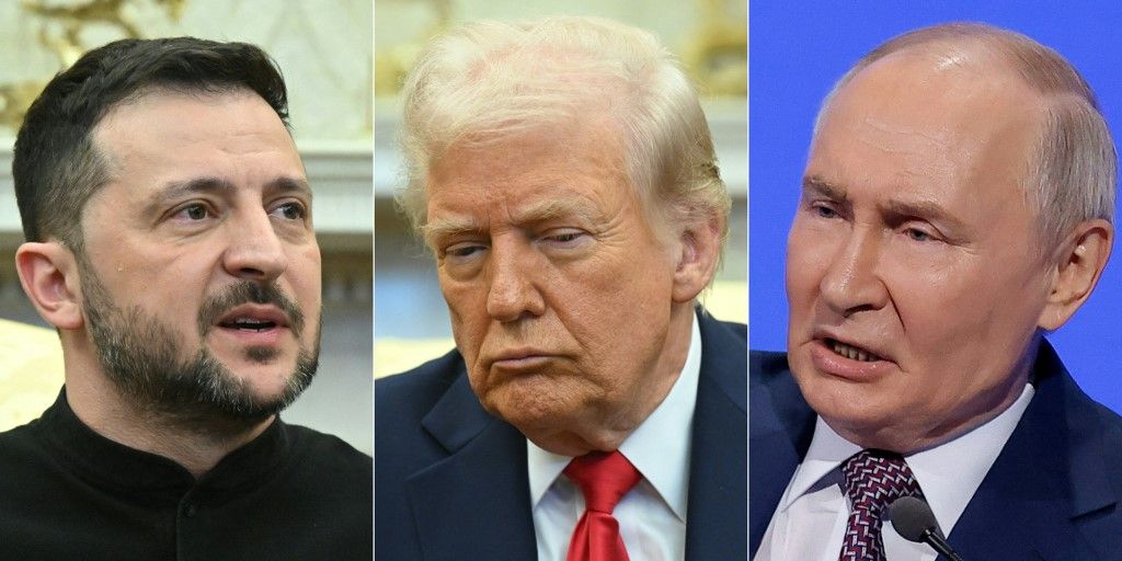 (COMBO) This combination of pictures created on March 18, 2025 shows, L-R, Ukraine's President Volodymyr Zelensky in the Oval Office of the White House in Washington, DC, February 28, 2025, US President Donald Trump in the Oval Office of the White House in Washington, DC, February 28, 2025 and Russian President Vladimir Putin in Moscow on March 18, 2025. Trump and Putin agreed on March 18, 2025, on a halt in Russian attacks against Ukrainian energy targets -- but fell far short of securing a full ceasefire in a highly anticipated phone call. The US and Russian leaders spoke for more than an hour and a half and both expressed hopes for repairing relations between the countries. (Photo by SAUL LOEB and Maxim Shemetov / various sources / AFP)