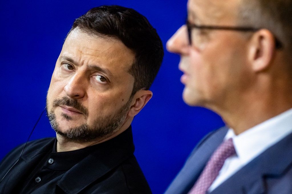 German Chancellor Friedrich Merz and Ukrainian President Volodymyr Zelensky speak to the media during a press conference following talks at the Chancellery in Berlin, Germany, on May 28, 2025. (Photo by Emmanuele Contini/NurPhoto) (Photo by Emmanuele Contini / NurPhoto / NurPhoto via AFP)