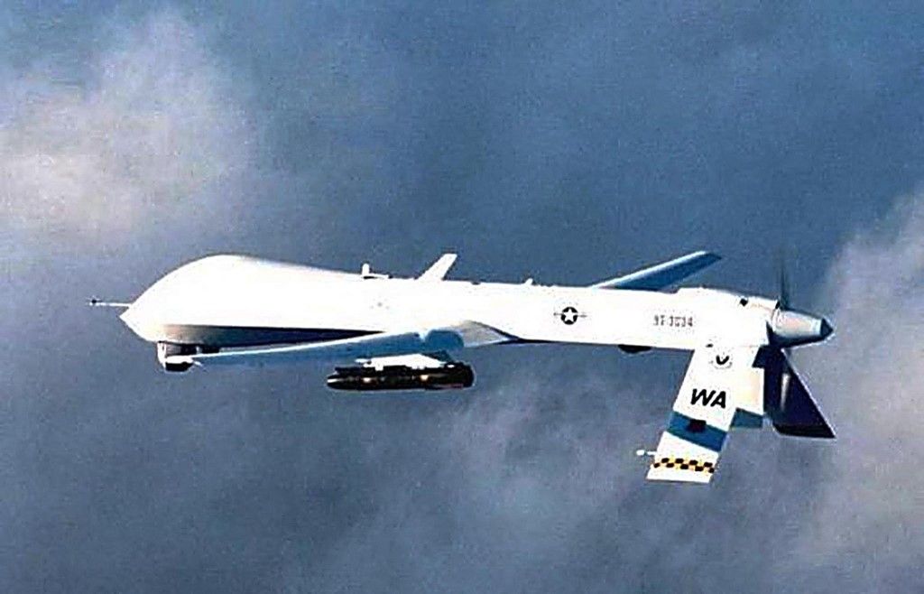 This 21 February 2001 US Air Force file photo obtained 05 November 2002 shows an unmanned predator aerial vehicle with a hellfire missile attached. It was reported 04 November that six suspected al Qaeda members,including Abu Ali, who was believed to have played a major role in the October 2000 attack on the destroyer USS Cole, were killed in Yemen when a CIA drone launched a "Hellfire" missile and struck the car they were traveling in. AFP PHOTO/US AIR FORCE (Photo by US AIR FORCE / US AIR FORCE / AFP)