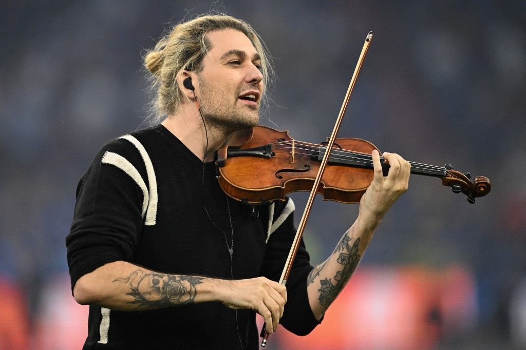Bajnokok Ligája, BL, döntő, 2025, PSG, Inter, München, German musician David Garrett performs during the pre-match entertainment ahead of the UEFA Champions League final football match between Paris Saint-Germain (PSG) and Inter Milan in Munich, southern 