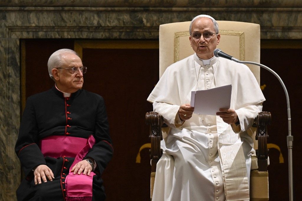 This photo taken and handout on May 16, 2025 by The Vatican Media shows Pope Leo XIV during an audience with the Diplomatic Corps in The Vatican. (Photo by Handout / VATICAN MEDIA / AFP) / RESTRICTED TO EDITORIAL USE - MANDATORY CREDIT "AFP PHOTO / VATICAN MEDIA" - NO MARKETING - NO ADVERTISING CAMPAIGNS - DISTRIBUTED AS A SERVICE TO CLIENTS
