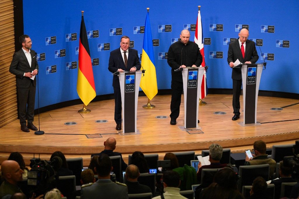 (From 2L) Germany's Defence Minister Boris Pistorius, Ukraine's Minister of Defence Rustem Umerov and Britain's Defence Secretary John Healey hold a press conference following a Ukraine Defence Contact Group meeting at the Nato headquarters in Brussels, on April 11, 2025. (Photo by JOHN THYS / AFP)
