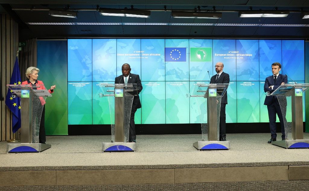 BRUSSELS, BELGIUM - FEBRUARY 18: European Commission President Ursula von der Leyen (L) gives a statement on the coronavirus disease (COVID-19) vaccination during a joint press conference on the second day of a European Union (EU) African Union (AU) summit at The European Council Building in Brussels, Belgium on February 18, 2022. Dursun Aydemir / Anadolu Agency (Photo by Dursun Aydemir / ANADOLU AGENCY / Anadolu via AFP)