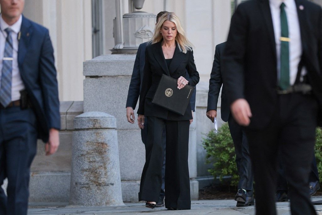 WASHINGTON, DC - MAY 07: U.S. Attorney General Pam Bondi arrives for a press conference to announce the results of Operation Restore Justice on May 07, 2025 in Washington, DC. During the operation, 205 arrests were made nationwide in five days in a joint effort with federal, state, and local partners to arrest accused child sex abuse offenders and combat child exploitation. Kayla Bartkowski/Getty Images/AFP (Photo by Kayla Bartkowski / GETTY IMAGES NORTH AMERICA / Getty Images via AFP)