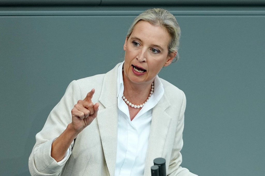 14 May 2025, Berlin: Alice Weidel, federal leader and parliamentary group leader of the AfD, speaks after the Federal Chancellor's government statement in the plenary session of the Bundestag. Photo: Kay Nietfeld/dpa (Photo by KAY NIETFELD / DPA / dpa Picture-Alliance via AFP)