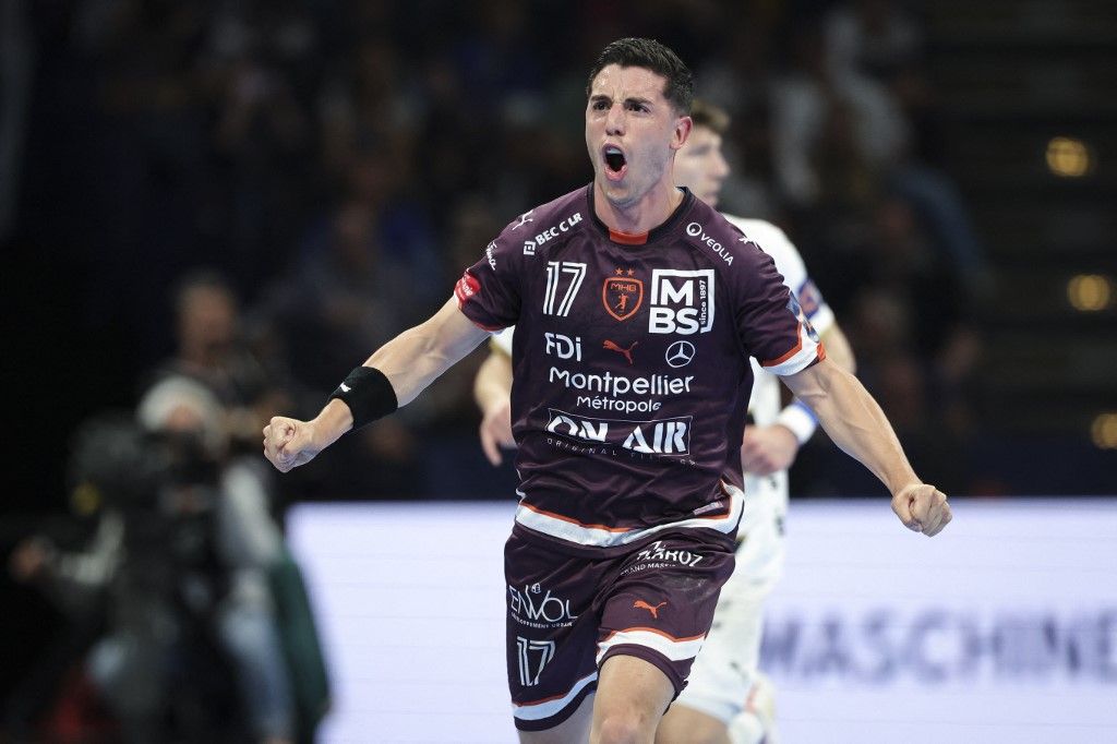 PSG, Jaime Fernandez, Montpellier, kézilabda, francia, bajnokság, 24 May 2025, Hamburg: Handball: EHF European League, THW Kiel - Montpellier HB, Final Four, semi-final, Barclays Arena, Montpellier's Jaime Fernandez Fernandez celebrates after a goal. Photo: Christian Charisius/dpa (Photo by CHRISTIAN CHARISIUS / DPA / dpa Picture-Alliance via AFP)