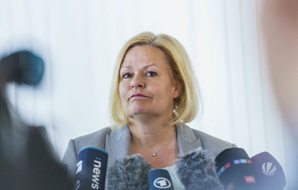 02 May 2025, Hesse, Wiesbaden: Nancy Faeser (SPD), acting Federal Minister of the Interior, comments on the AfD at the Federal Criminal Police Office (BKA). The Federal Office for the Protection of the Constitution classifies the AfD as a confirmed right-wing extremist party. Photo: Andreas Arnold/dpa (Photo by Andreas Arnold / DPA / dpa Picture-Alliance via AFP)