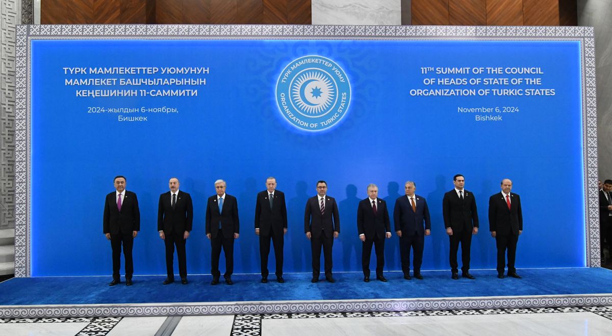 (L-R) Secretary General of the Organization of Turkic States Kubanychbek Omuraliev, Azerbaijan's President Ilham Aliyev, Kazakhstan's President Kassym-Jomart Tokayev, Turkey's President Recep Tayyip Erdogan, Kyrgyzstan's President Sadyr Japarov, Uzbekistan's President Shavkat Mirziyoyev, Hungary's Prime Minister Viktor Orban and officials pose for a photo during the 11th summit of the of heads of state of the Organization of Turkic States (OTS) at the Yntymak Ordo state residence in Bishkek on November 6, 2024. (Photo by VYACHESLAV OSELEDKO / AFP)