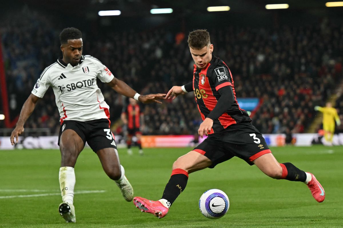Bournemouth's Hungarian defender #03 Milos Kerkez (R) vies with Fulham's English midfielder #30 Ryan Sessegnon (L) during the English Premier League football match between Bournemouth and Fulham at the Vitality Stadium in Bournemouth, southern England on April 14, 2025. (Photo by Glyn KIRK / AFP) / RESTRICTED TO EDITORIAL USE. No use with unauthorized audio, video, data, fixture lists, club/league logos or 'live' services. Online in-match use limited to 120 images. An additional 40 images may be used in extra time. No video emulation. Social media in-match use limited to 120 images. An additional 40 images may be used in extra time. No use in betting publications, games or single club/league/player publications. /