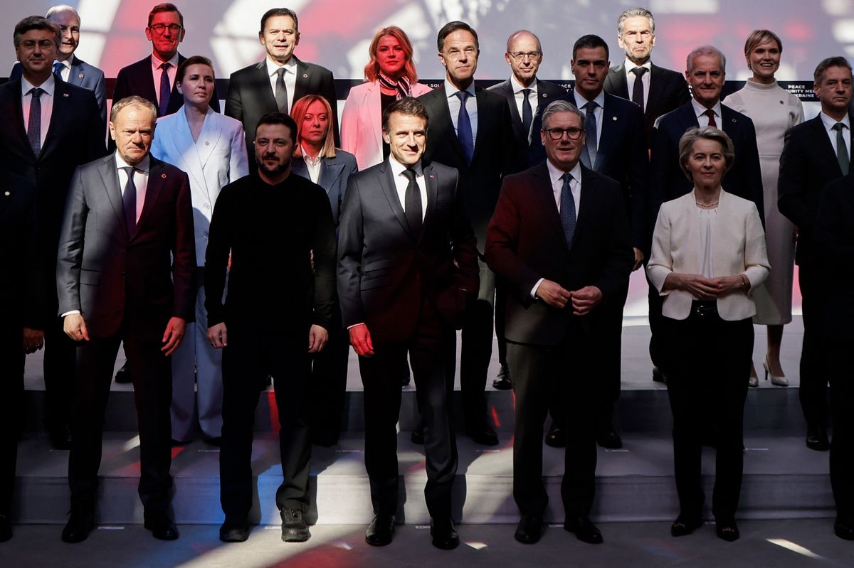 (Frist row, from L) Poland's Prime Minister Donald Tusk, Ukraine's President Volodymyr Zelensky, France's President Emmanuel Macron, Britain's Prime Minister Keir Starmer and European Commission President Ursula Von der Leyen pose for a family picture during a meeting as part of a summit for "coalition of the willing" at the Elysee Palace, in Paris, on March 27, 2025. French President Emmanuel Macron on March 27, 2025 is to host European leaders including President Volodymyr Zelensky for a summit aimed at boosting Ukrainian security ahead of any potential ceasefire with Russia. (Photo by Ludovic MARIN / POOL / AFP)