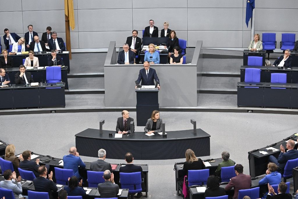 BERLIN, GERMANY - MAY 14: German Chancellor Friedrich Merz speaks during a session in the German Bundestag in Berlin, Germany on May 14, 2025. Halil Sagirkaya / Anadolu (Photo by HALIL SAGIRKAYA / ANADOLU / Anadolu via AFP)