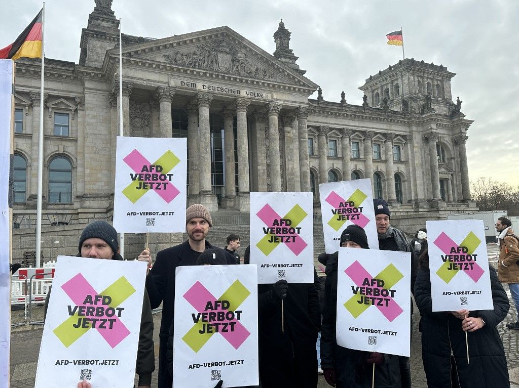 BERLIN, GERMANY - DECEMBER 02: A large number of non-governmental organizations (NGOs) call on lawmakers to support a motion in the Bundestag to examine the banning of the far-right populist Alternative for Germany (AfD) party in Berlin, Germany, on December 2, 2024. More than 50 NGOs hold a press conference in front of the Bundestag building. Erbil Basay / Anadolu (Photo by Erbil Basay / ANADOLU / Anadolu via AFP)