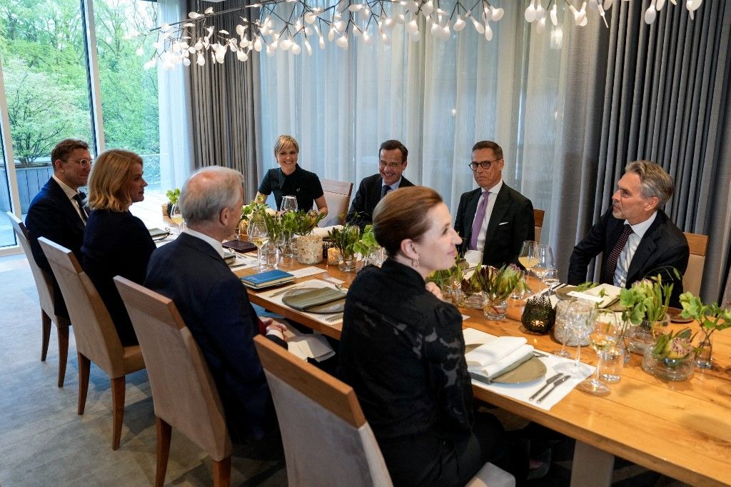 (LtoR, front) Estonian Prime Minister Kristen Michal, Latvian Prime Minister Evika Silina, Norwegian Prime Minister Jonas Gahr Store, Danish Prime Minister Mette Fredriksen and (back row) Iceland's Prime Minister Kristrun Frostadottir, Swedish Prime Minister Ulf Kristersson, Finland's President Alexander Stubb, and Netherlands' Prime Minister Dick Schoof gather at the representative residence in Parkveien for the annual Joint Expeditionary Force (JEF) Leaders' Summit in Oslo on May 8, 2025. From May 8-9, Norway hosts this year's summit for the members of the JEF coalition: UK, Denmark, Estonia, Finland, Iceland, Latvia, Lithuania, the Netherlands, Sweden and Norway. Their meeting will focus on the situation in Europe and regional cooperation on security challenges. (Photo by Cornelius Poppe / NTB / AFP) / Norway OUT
